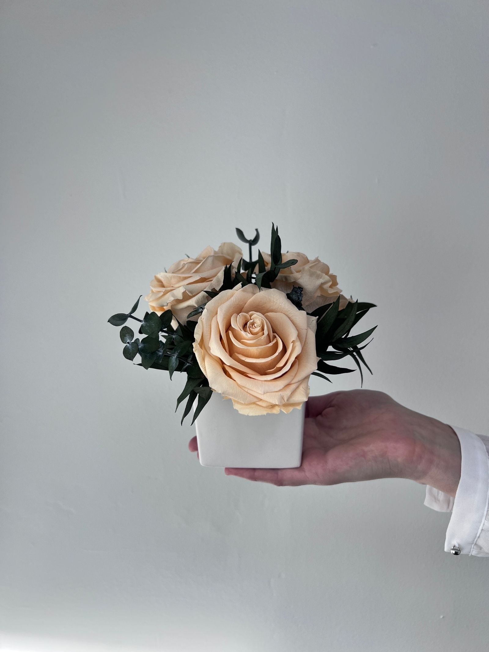 Camille – Peach Preserved Premium Rose Arrangement in White Ceramic Vase – Signature