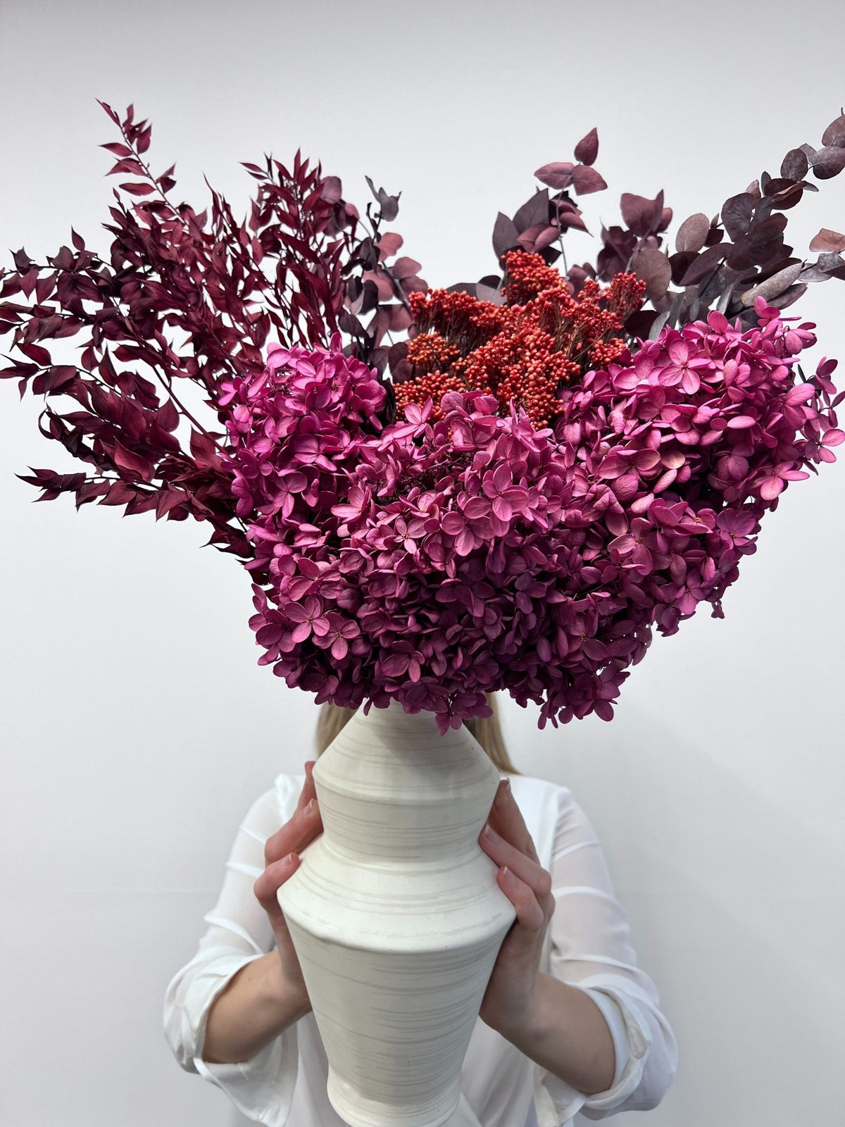 Vivienne – Boysenberry Preserved Flower Arrangement in White Jagged Vase – Luxe