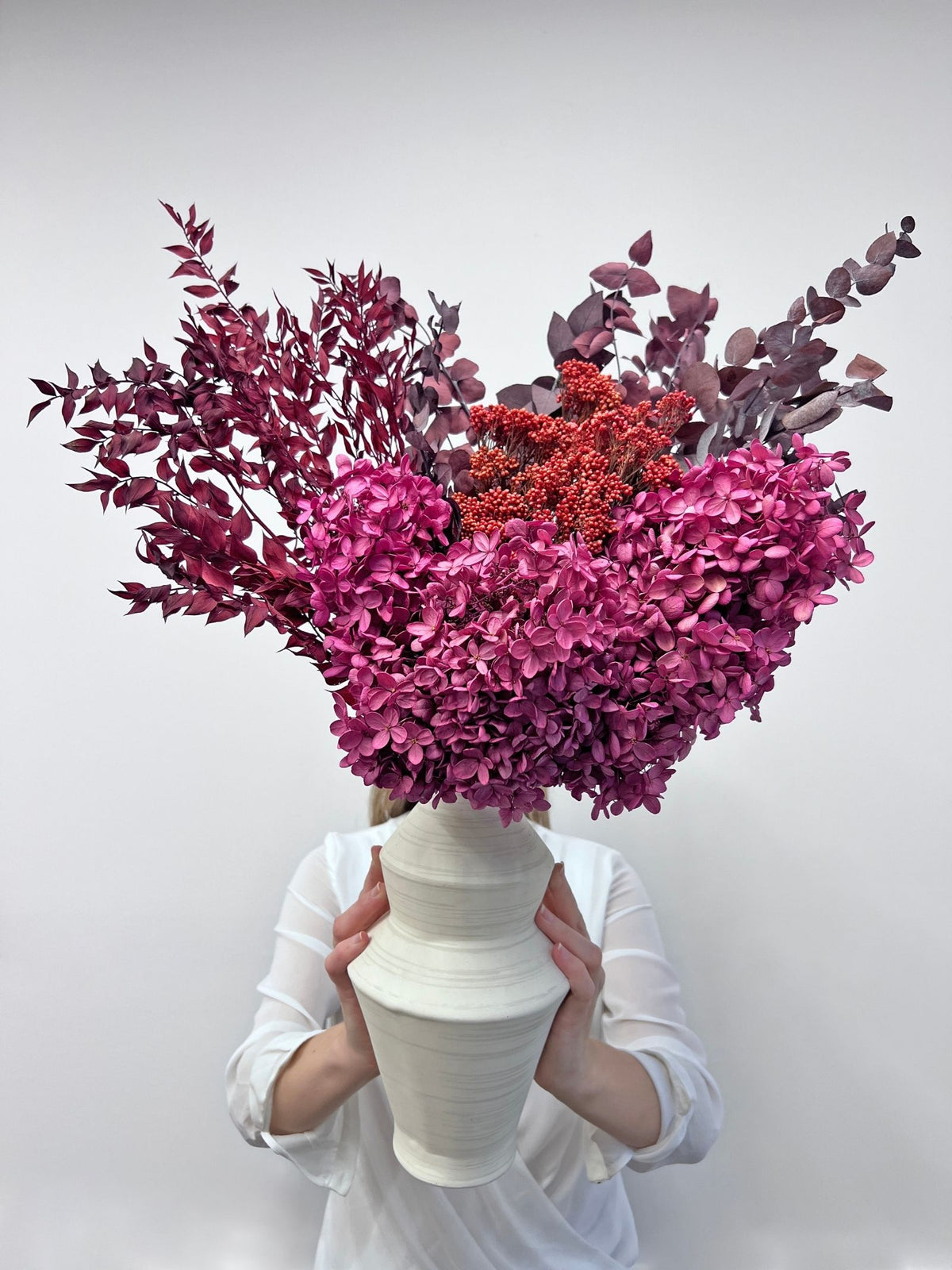 Vivienne – Boysenberry Preserved Flower Arrangement in White Jagged Vase – Luxe