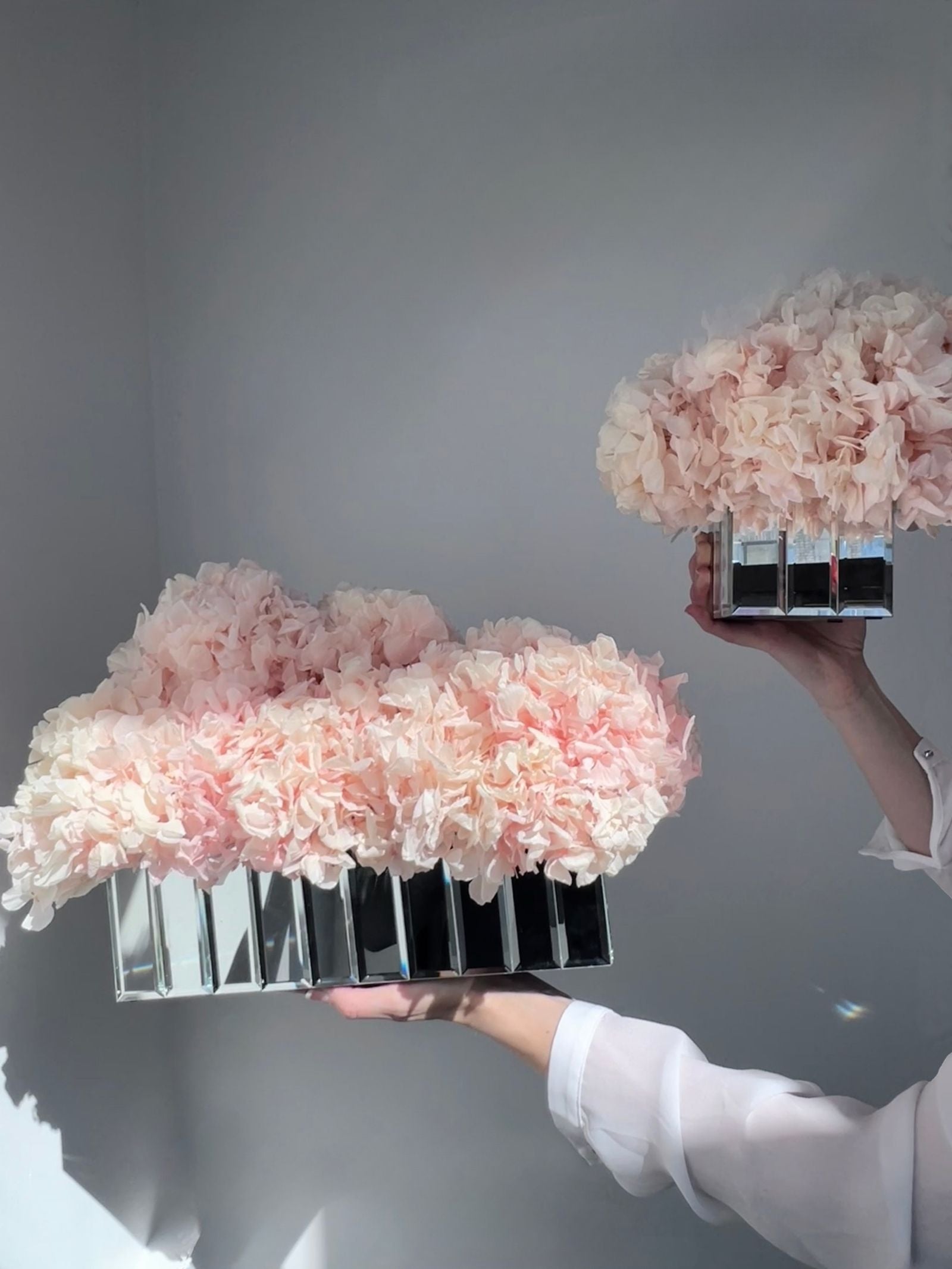 The Mirror Hydrangea – Duo Set – Peachy Cashmere Preserved Hydrangeas in Mirrored Vases– Luxe