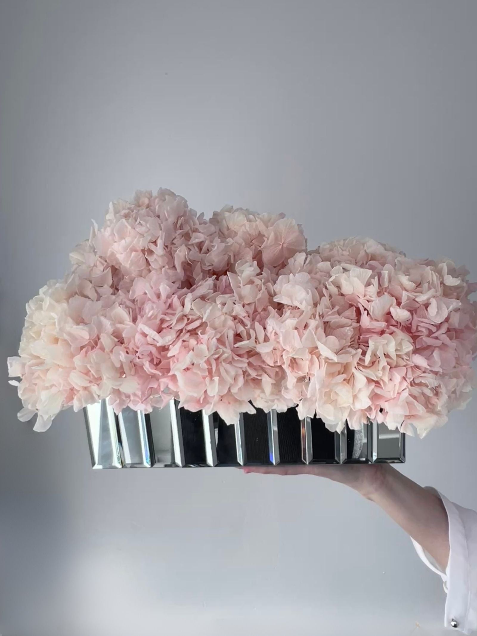 The Mirror Hydrangea – Duo Set – Peachy Cashmere Preserved Hydrangeas in Mirrored Vases– Luxe