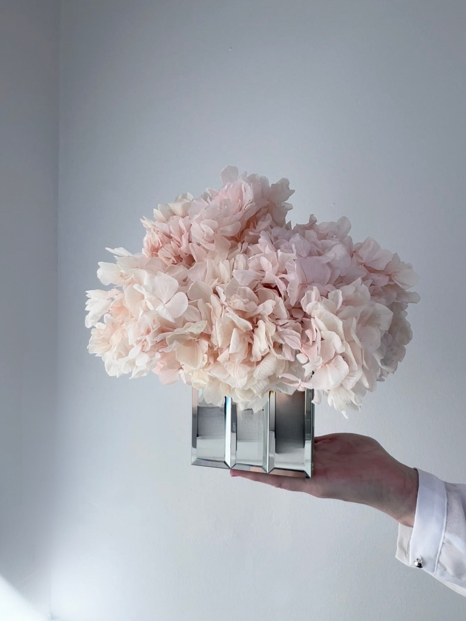 The Mirror Hydrangea – Duo Set – Peachy Cashmere Preserved Hydrangeas in Mirrored Vases– Luxe