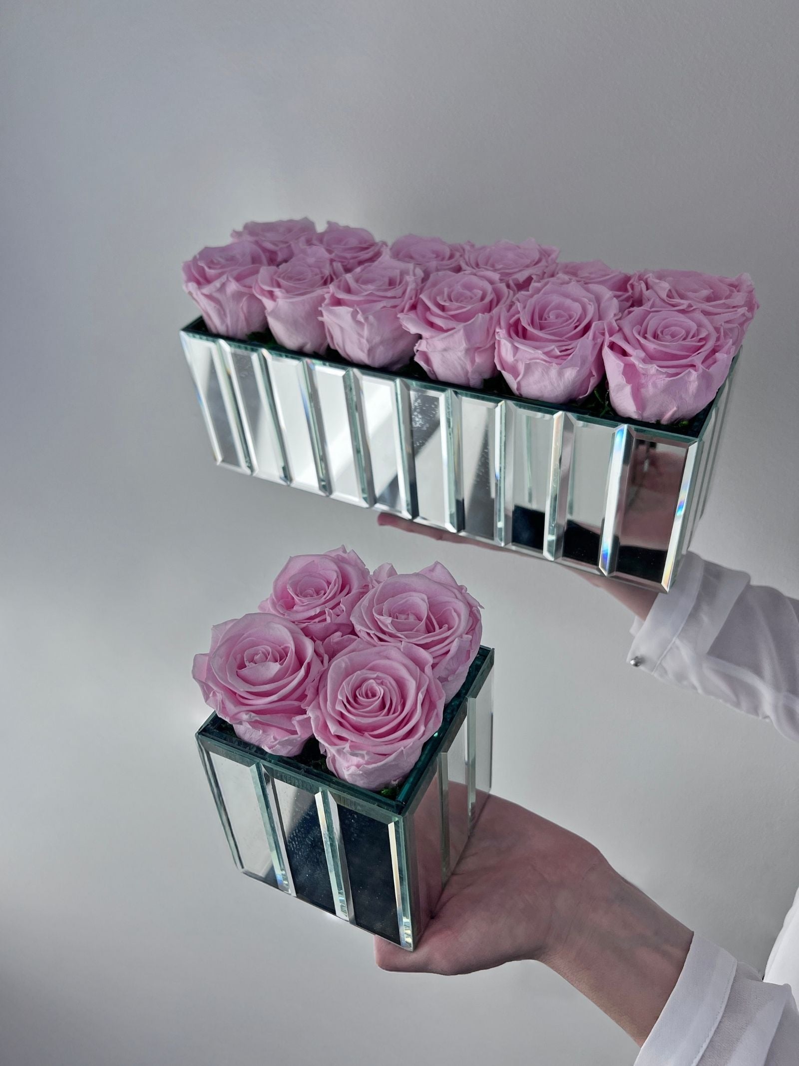 The Mirror Rose – Duo Set – Taffy Pink Preserved Roses in Mirrored Vase – Luxe