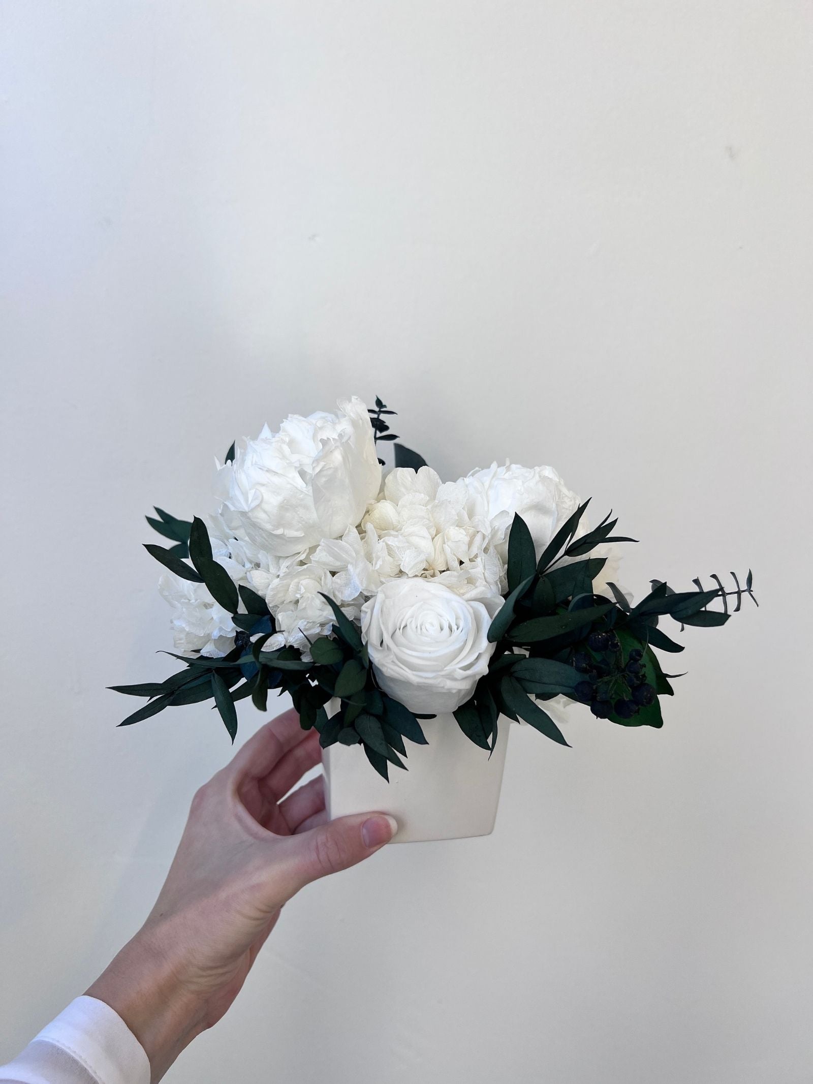 Elodie – White Preserved Peony, Rose & Hydrangea Arrangement in White Ceramic Vase – Signature