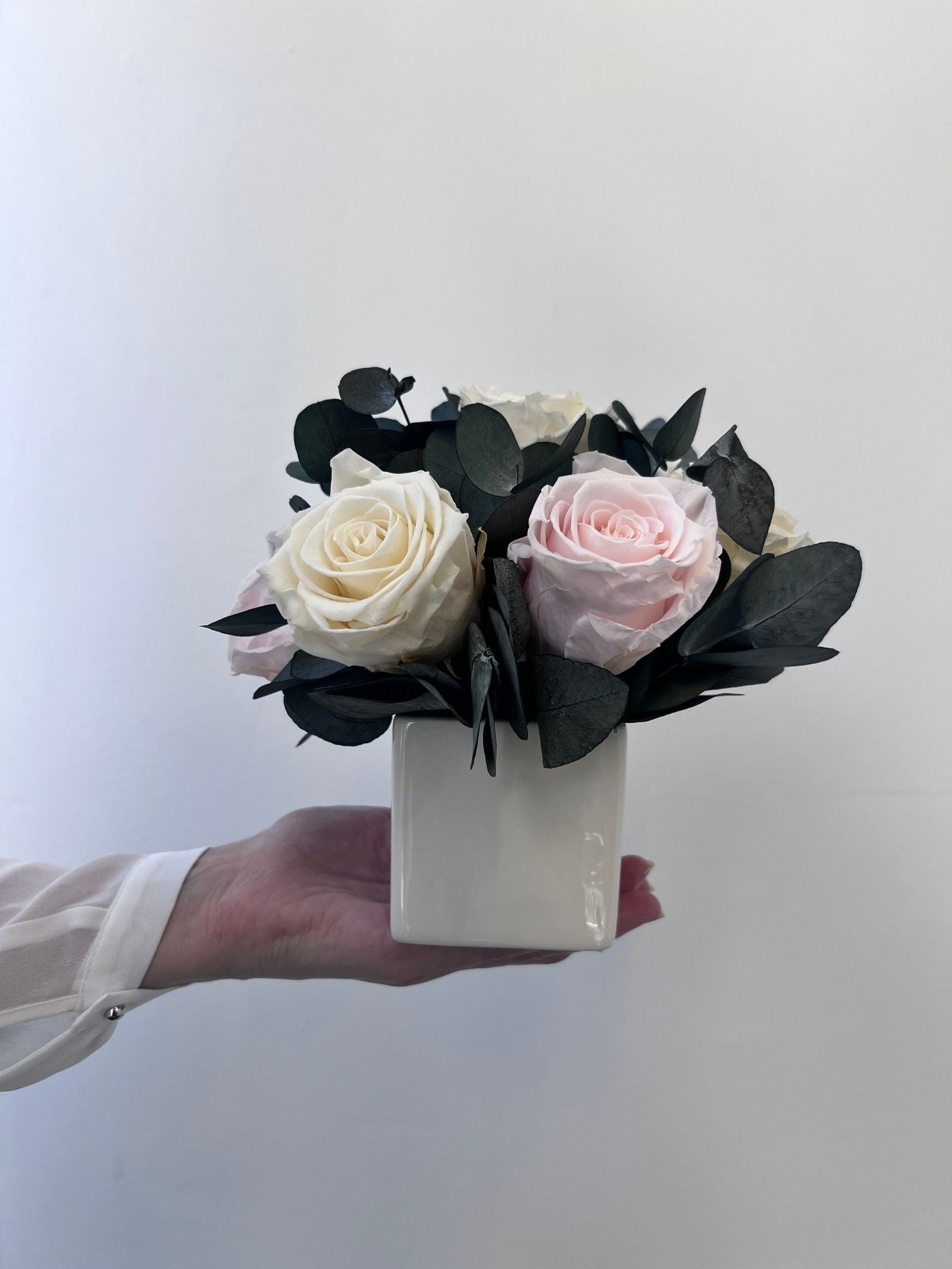 Naomi – Cream and Blush Preserved Rose Arrangement in White Ceramic Vase – Signature