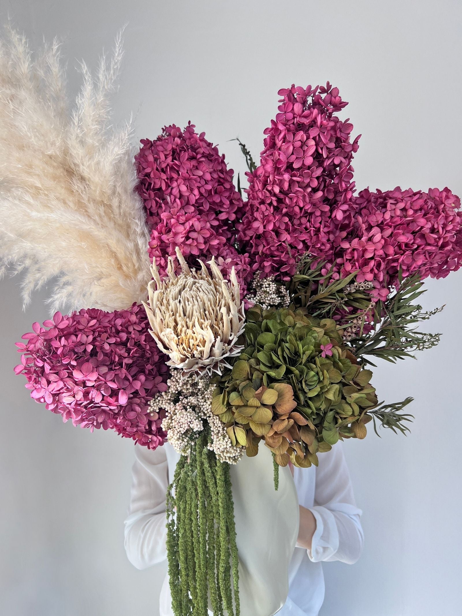 Sienna – Boysenberry & Olive Green Preserved Hydrangea Arrangement in Tall White Ceramic Vase – Luxe (Exclusive Piece)