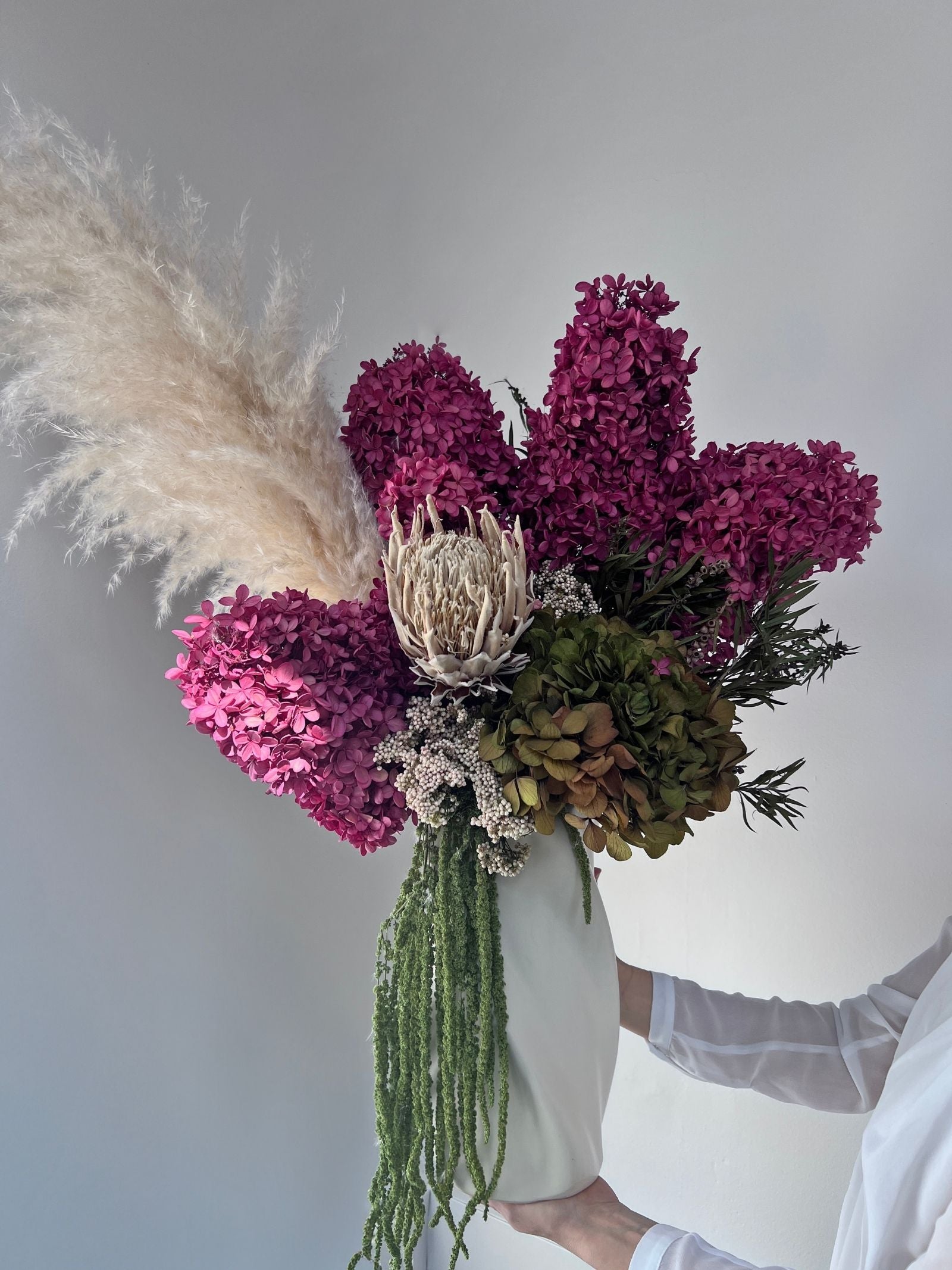 Sienna – Boysenberry & Olive Green Preserved Hydrangea Arrangement in Tall White Ceramic Vase – Luxe (Exclusive Piece)