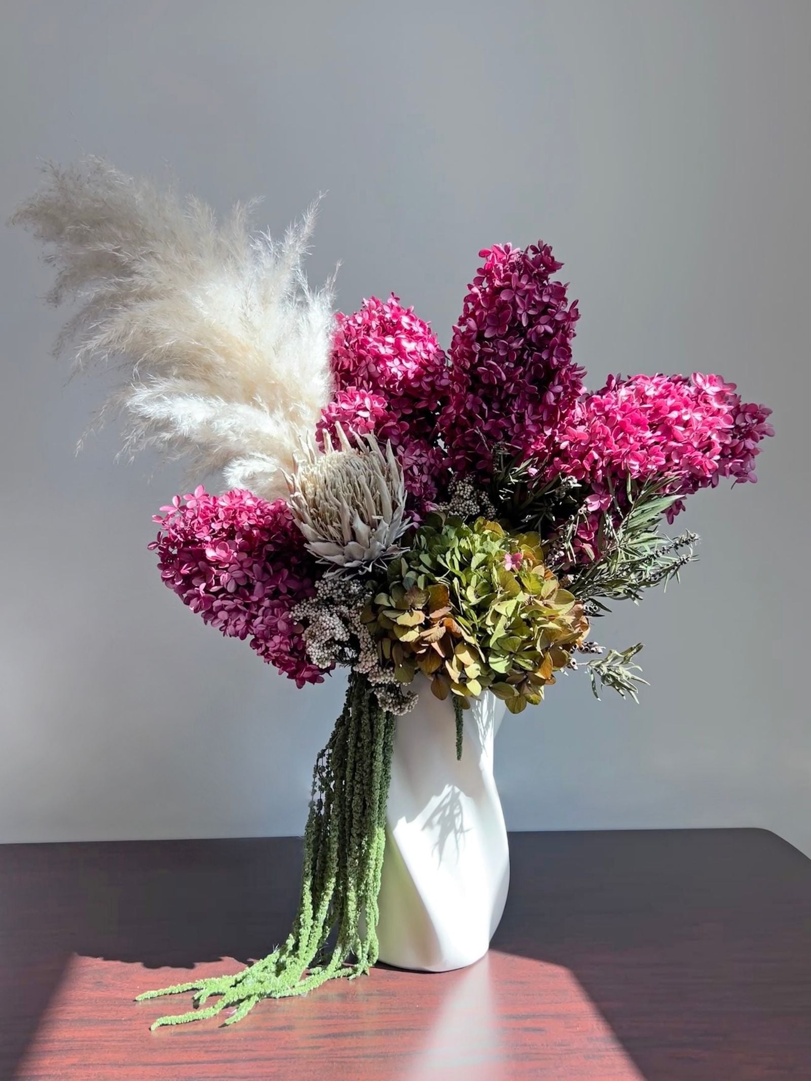 Sienna – Boysenberry & Olive Green Preserved Hydrangea Arrangement in Tall White Ceramic Vase – Luxe (Exclusive Piece)