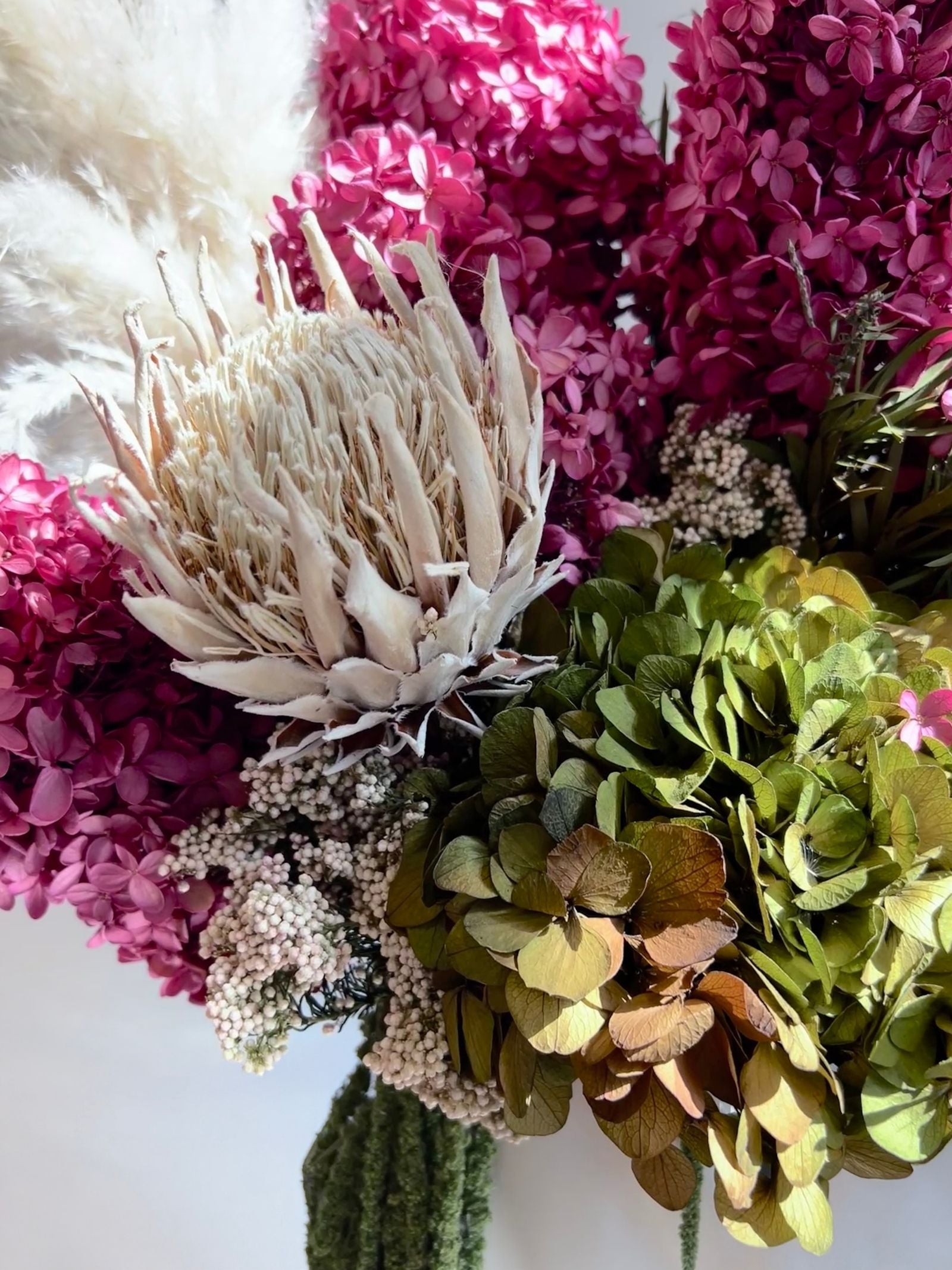 Sienna – Boysenberry & Olive Green Preserved Hydrangea Arrangement in Tall White Ceramic Vase – Luxe (Exclusive Piece)