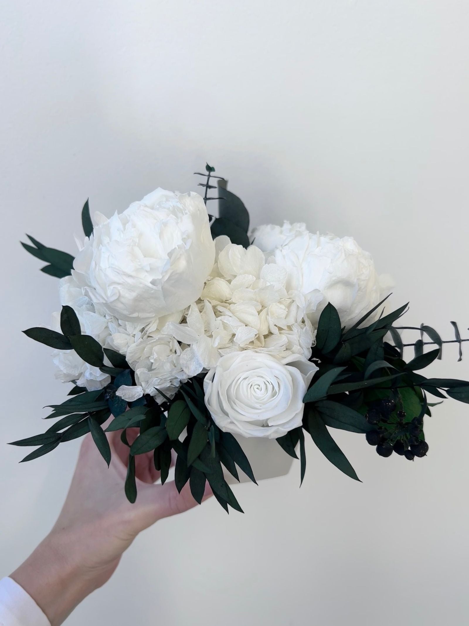 Elodie – White Preserved Peony, Rose & Hydrangea Arrangement in White Ceramic Vase – Signature