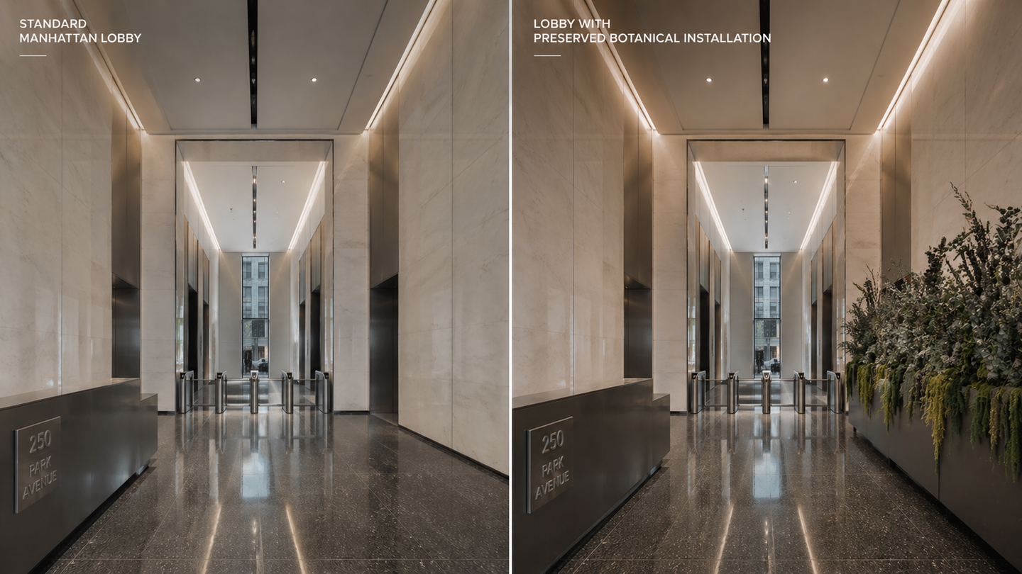 New York City commercial lobby transformed with Nordblooms preserved botanical installation — supporting flight-to-quality repositioning and tenant retention