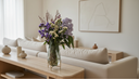 Nordblooms preserved flower arrangement styled as home decor in a warm, minimal living room — long lasting floral interior design 2026