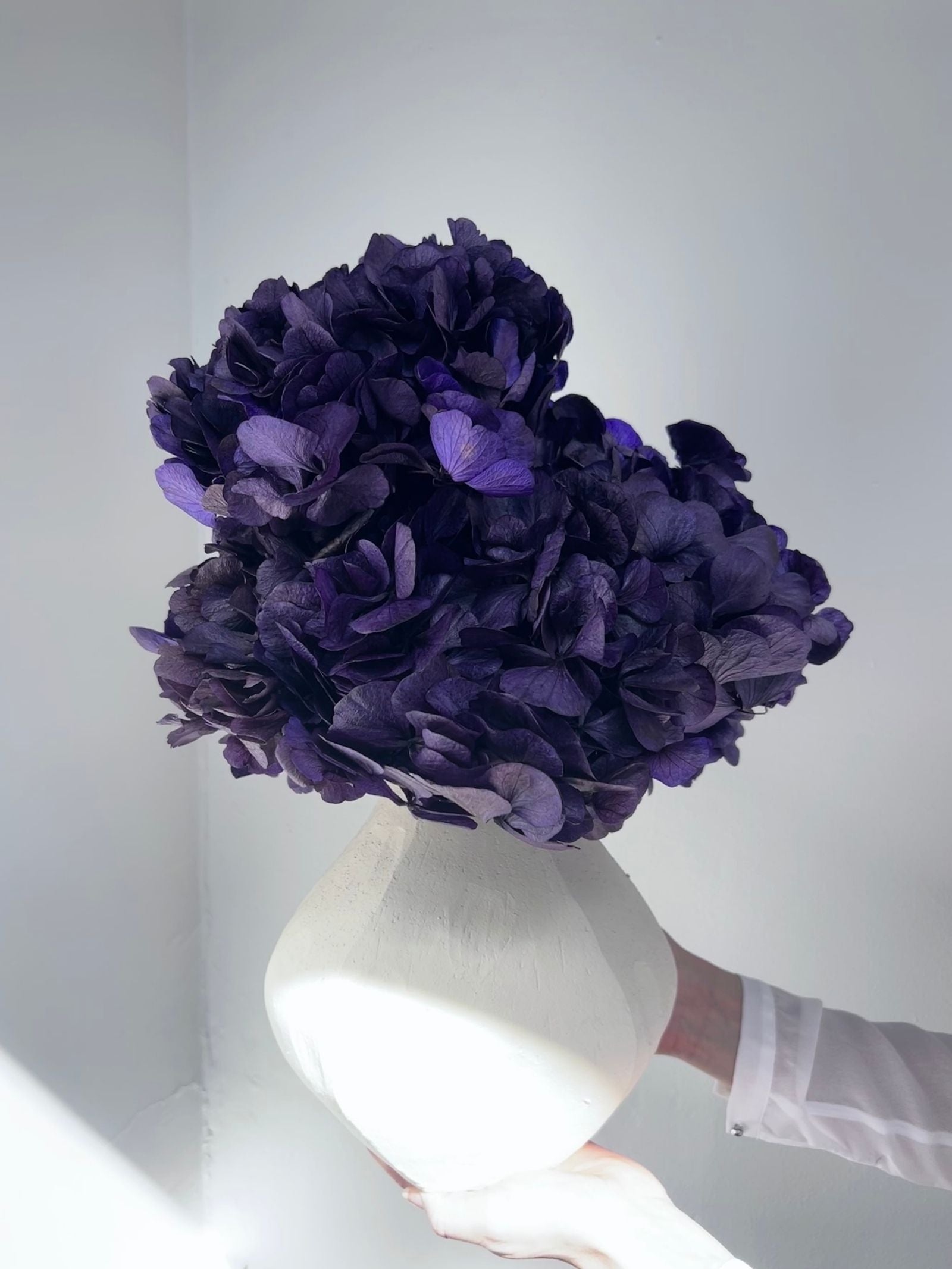Cassia β Indigo Purple Preserved Hydrangea Arrangement in Short White Earthenware Vase β Luxe