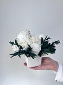 Elodie – White Preserved Peony, Rose & Hydrangea Arrangement in White Ceramic Vase – Signature
