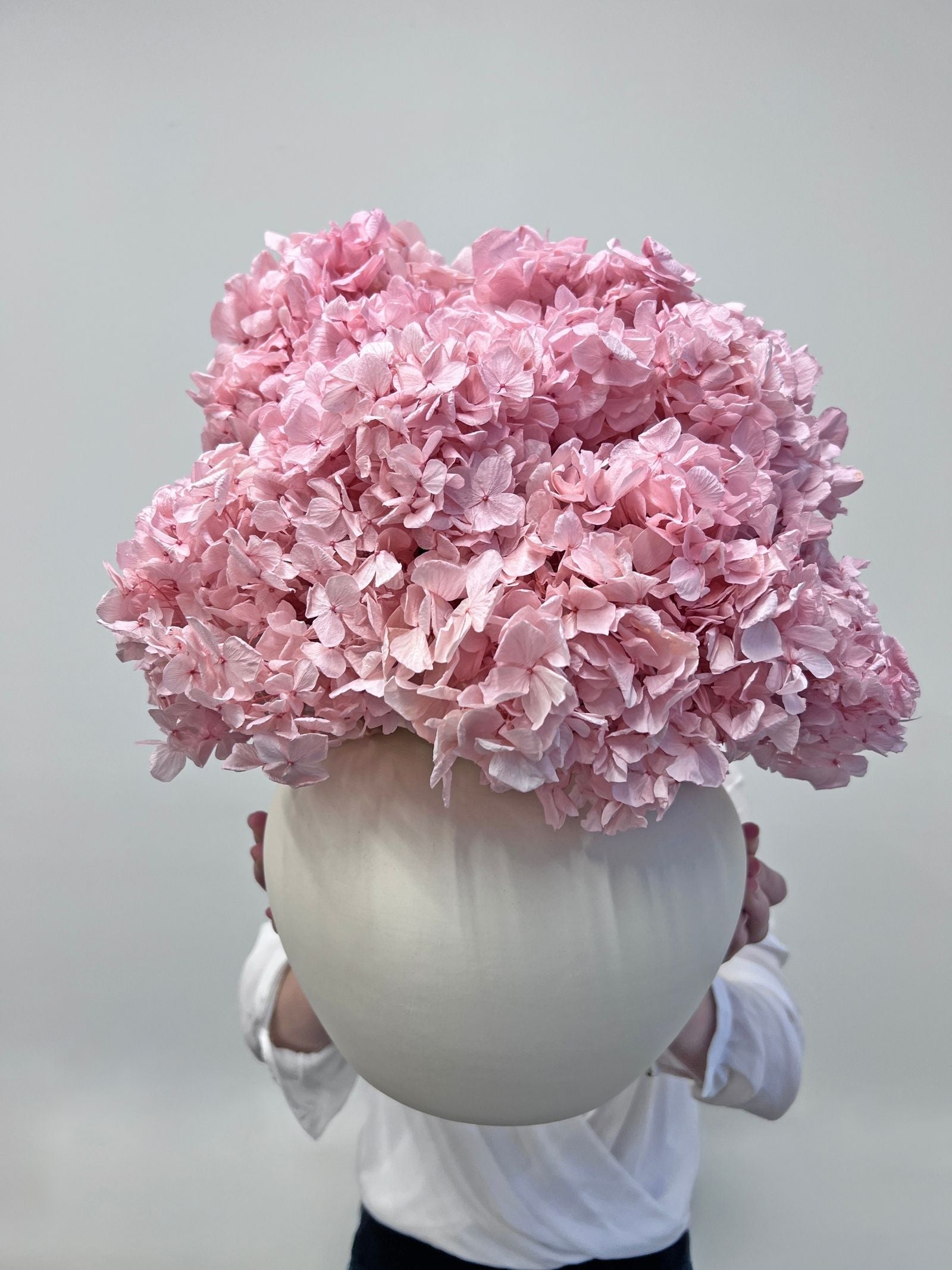 Isla β Cadillac Pink Large Petal Preserved Hydrangea Arrangement in Creamy White Glazed Earthenware Vase β Luxe
