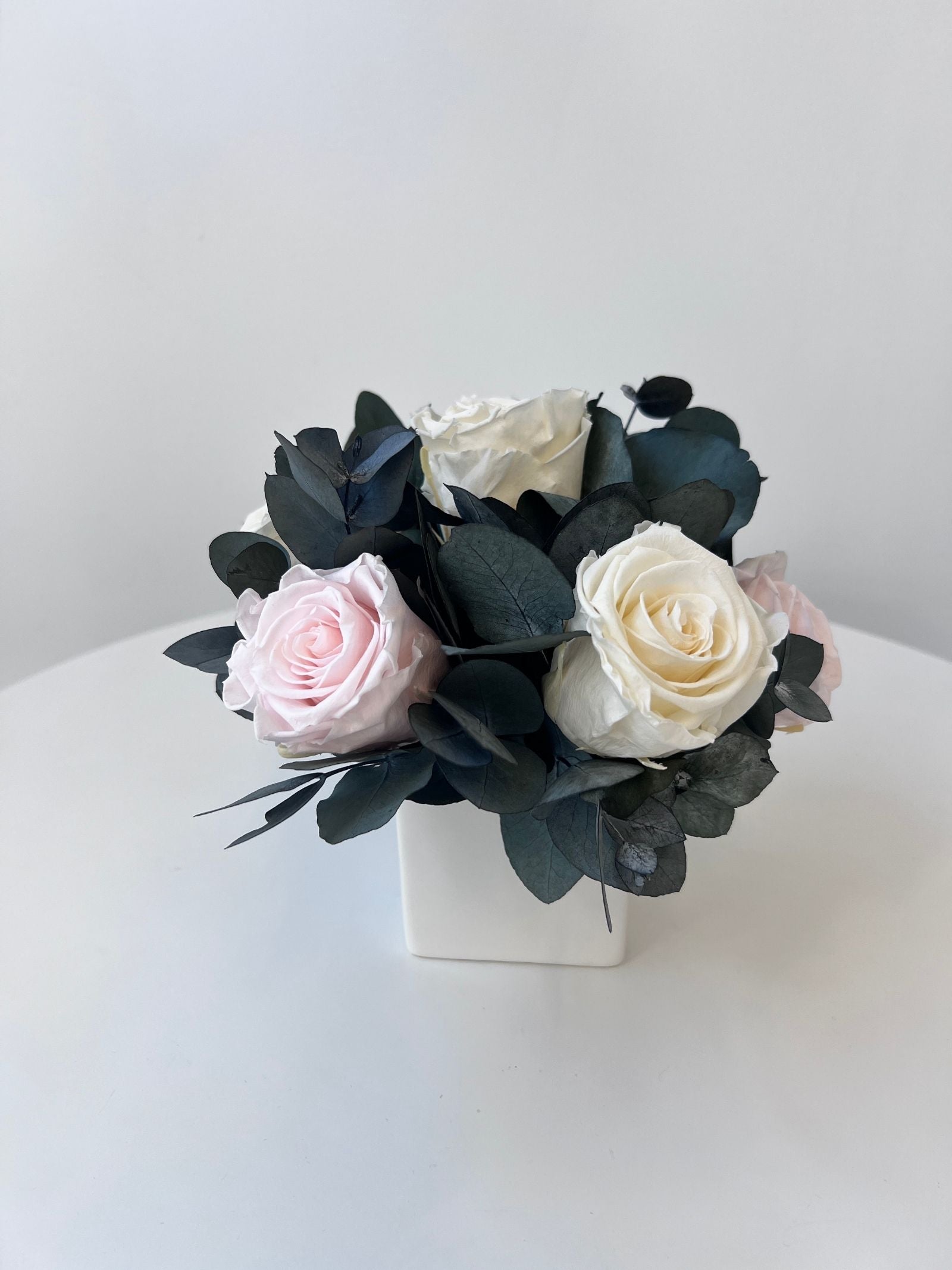 Naomi β Cream and Blush Preserved Rose Arrangement in White Ceramic Vase β Signature