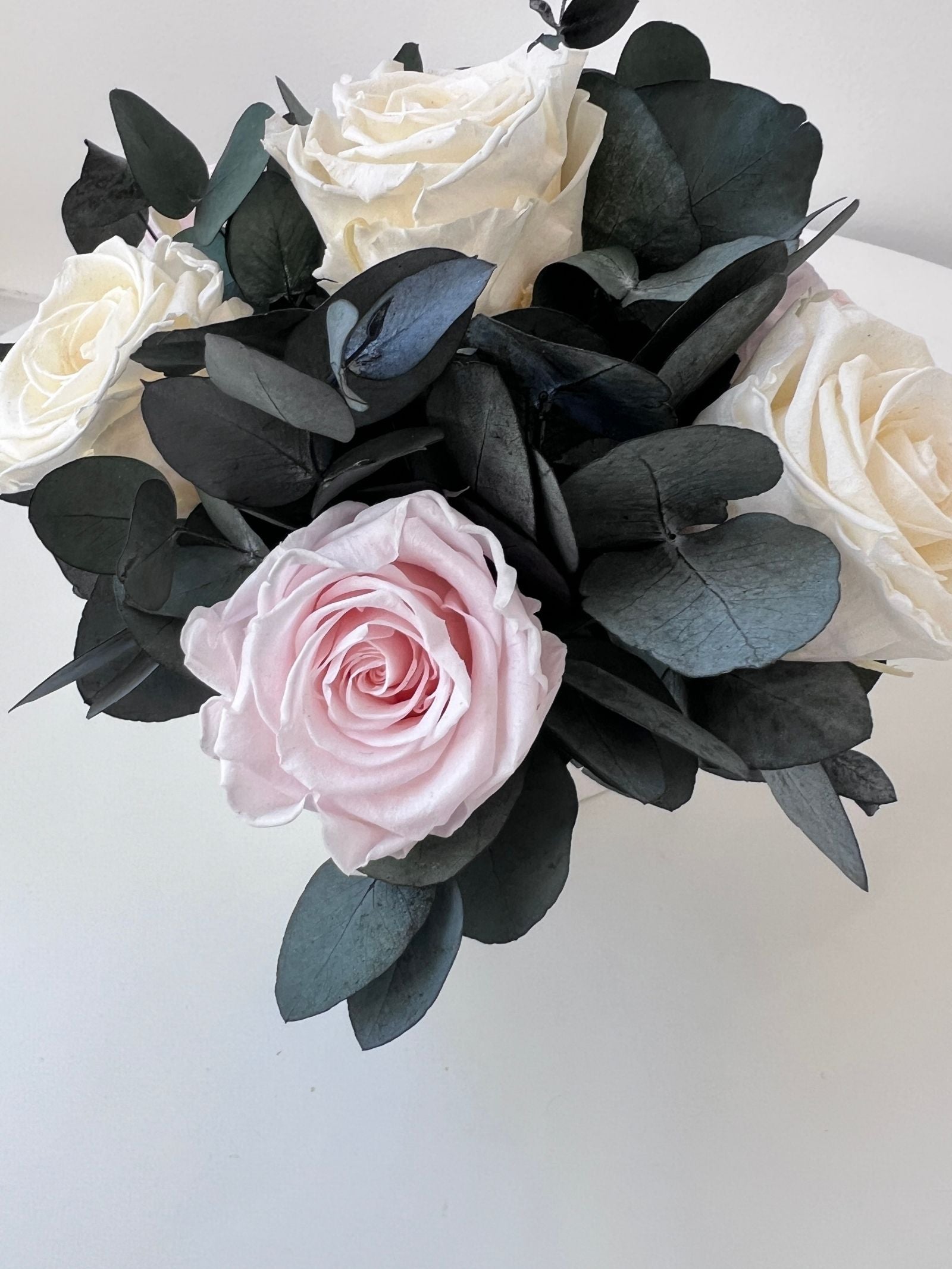 Naomi – Cream and Blush Preserved Rose Arrangement in White Ceramic Vase – Signature