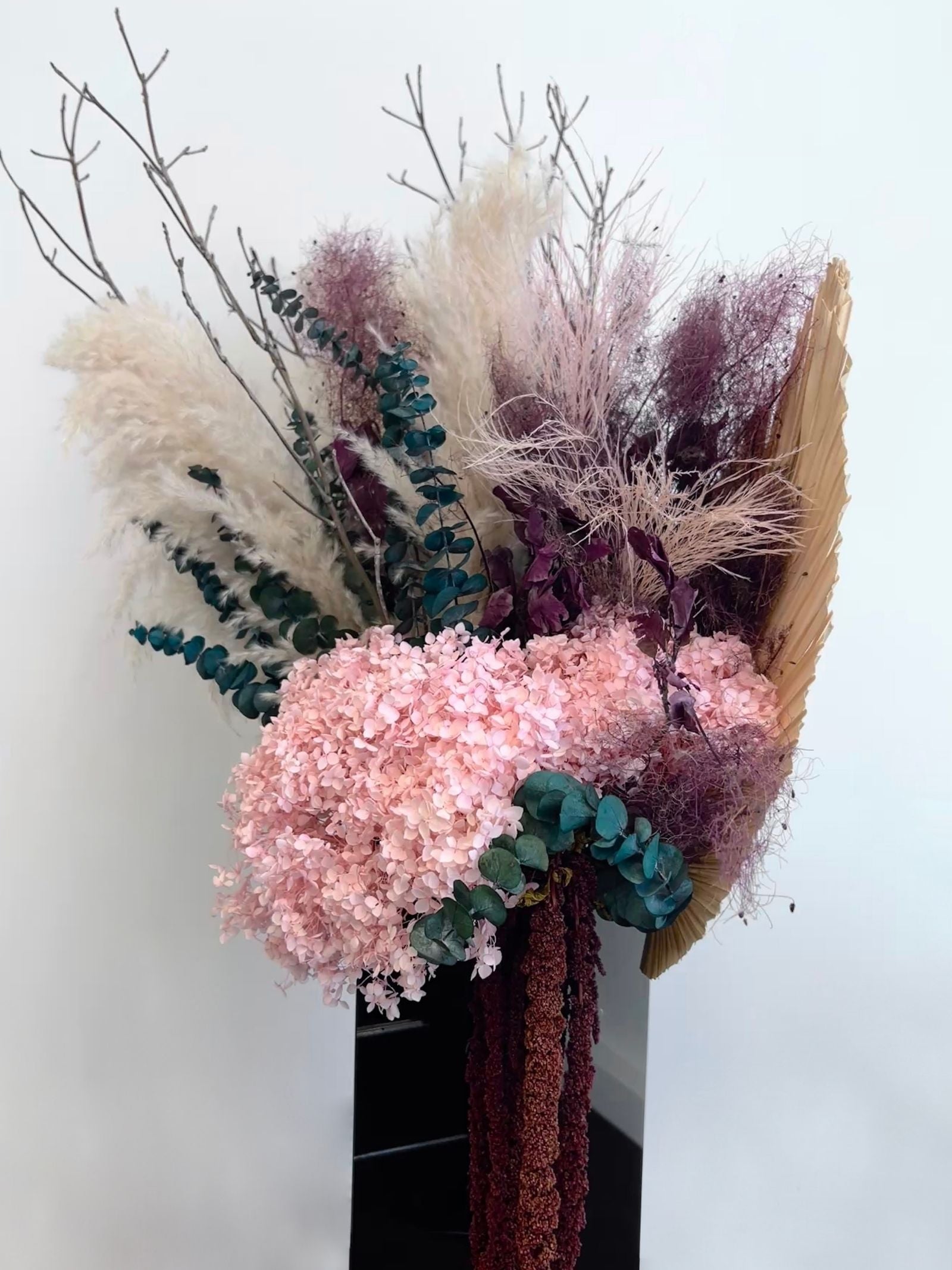 Opal β Pink Preserved Hydrangea Arrangement in Black Glass Vase β Luxe (Exclusive Piece)