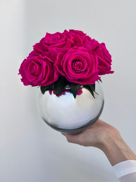 Selene – Fuchsia Pink Preserved Rose Arrangement in Bubble Bowl Mirror Vase – Signature