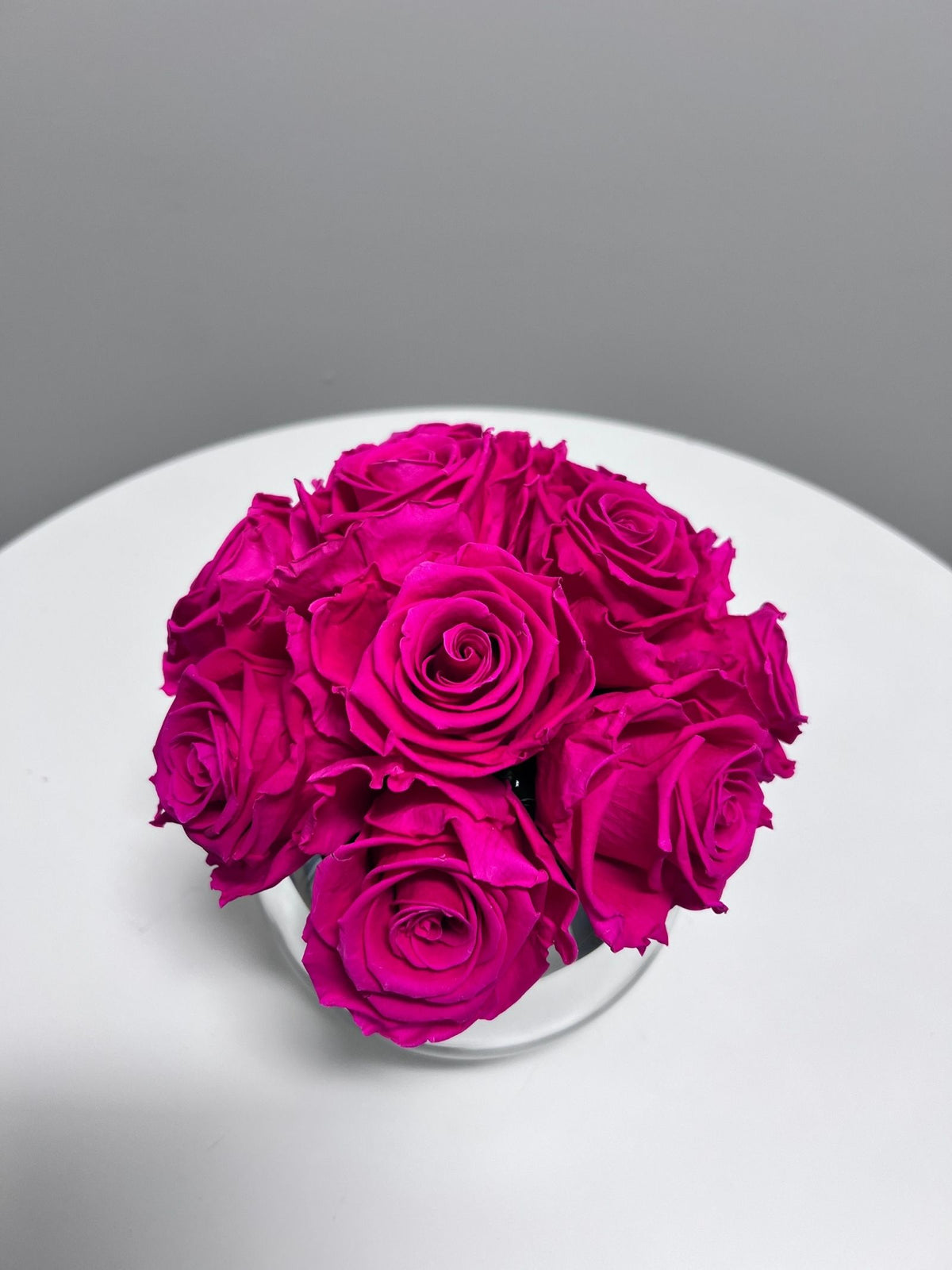 Selene – Fuchsia Pink Preserved Rose Arrangement in Bubble Bowl Mirror Vase – Signature