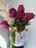 Sienna – Boysenberry & Olive Green Preserved Hydrangea Arrangement in Tall White Ceramic Vase – Luxe (Exclusive Piece)