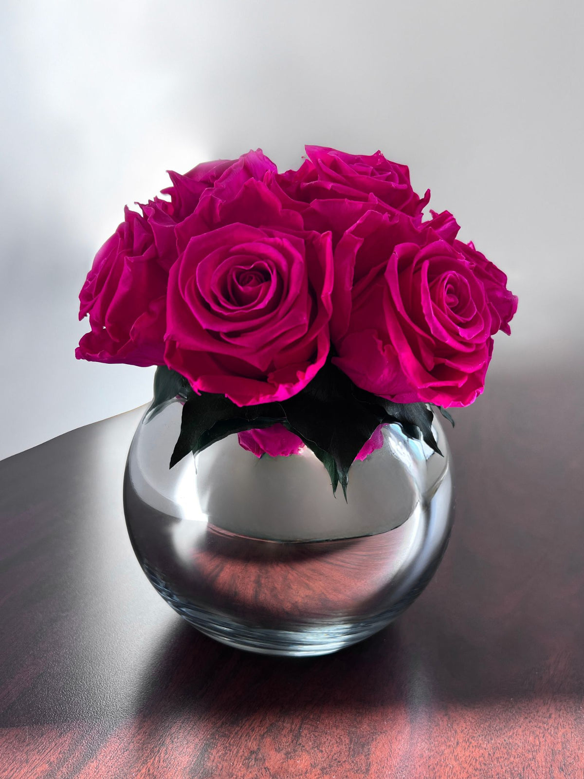 Selene – Fuchsia Pink Preserved Rose Arrangement in Bubble Bowl Mirror Vase – Signature