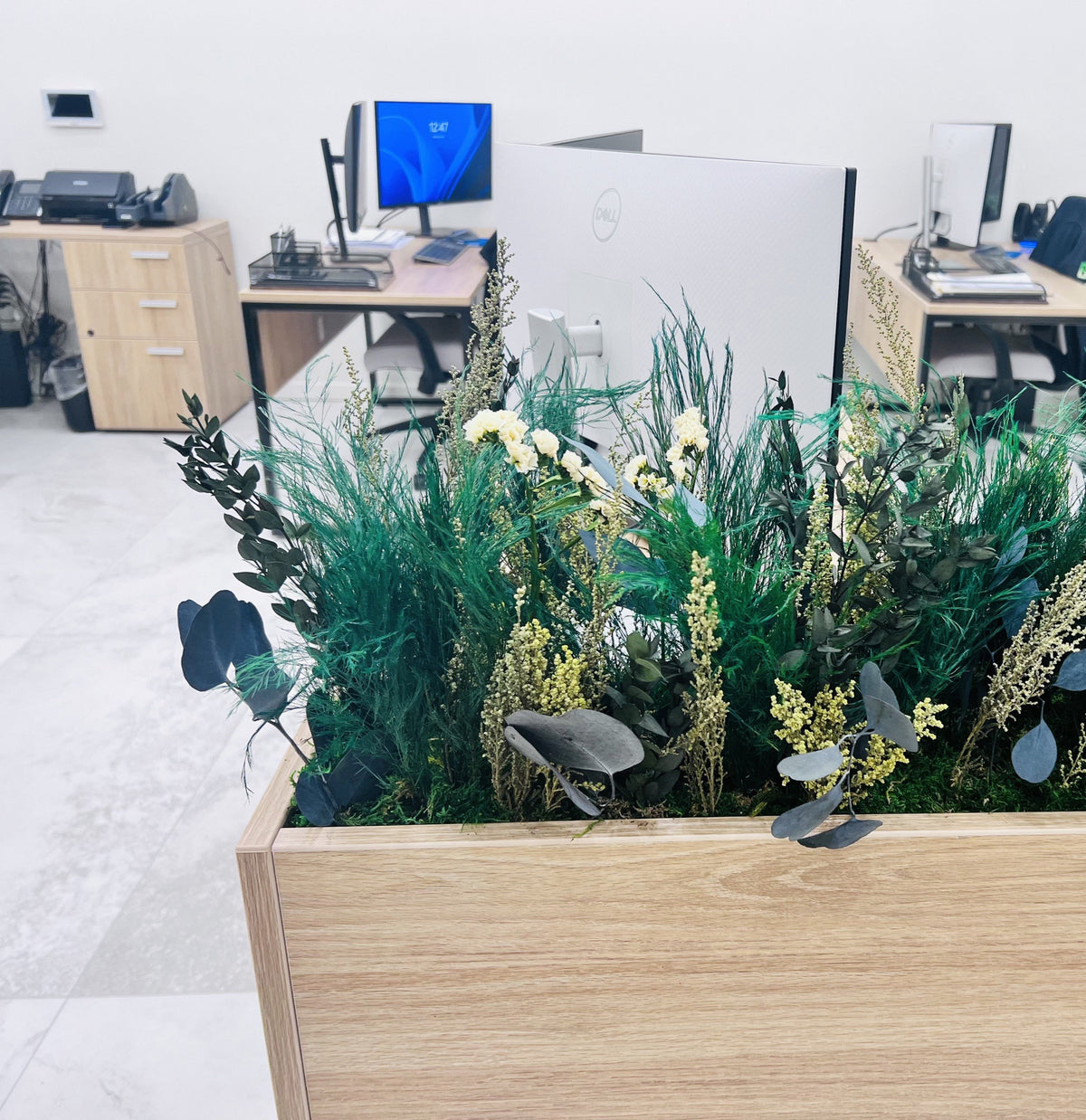 Preserved greenery and cream blooms in a wood planter box between desks at Energy Plus