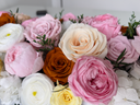 Pink, peach, rust and white preserved roses with peonies