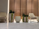 Preserved plants and trailing amaranthus in planters between lounge chairs, against a wood-slat wall