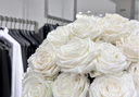 White preserved roses beside a clothing rail in a boutique